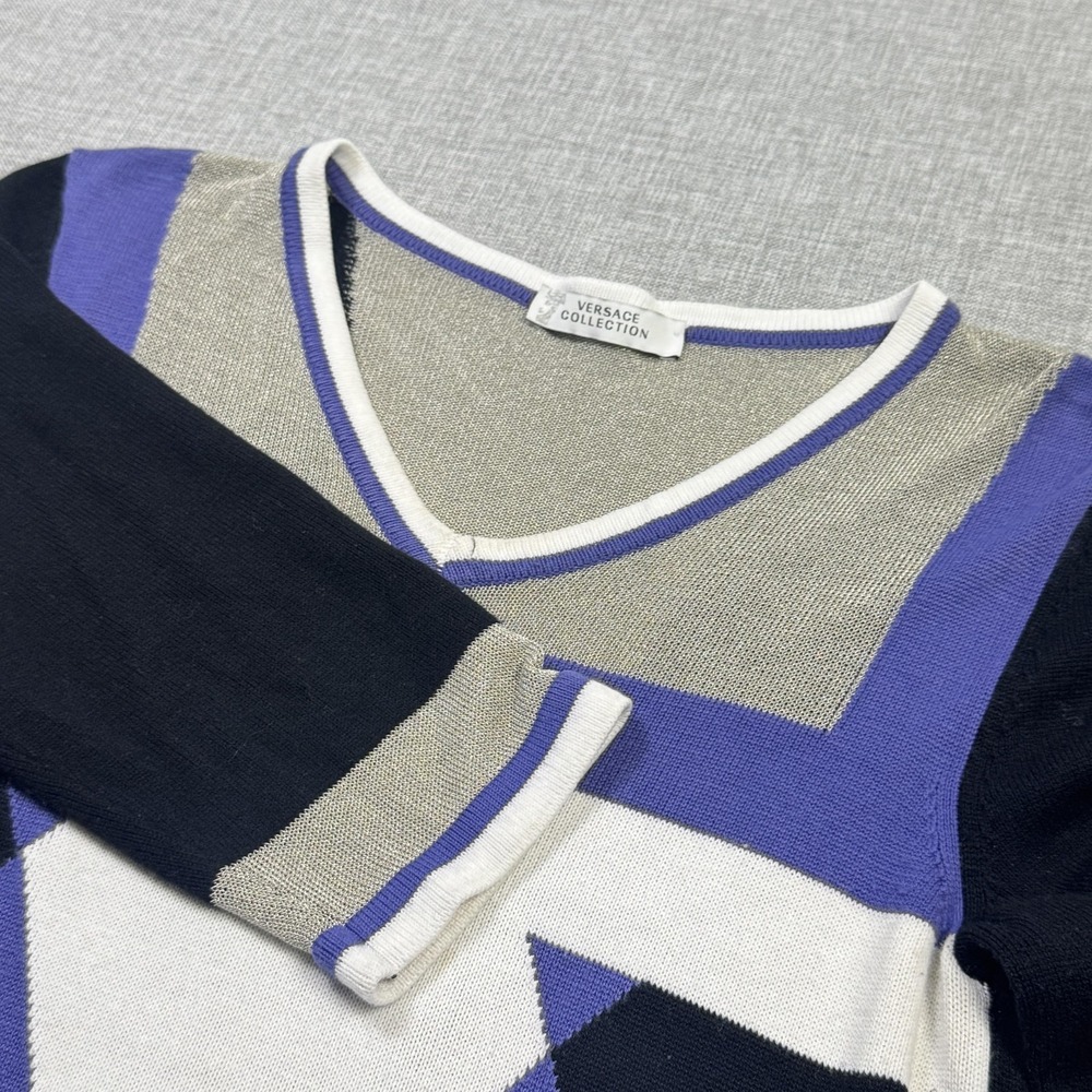 Versace Collection Geometric V-Neck Top Womens 40‎ Multicolor Made Italy Viscose